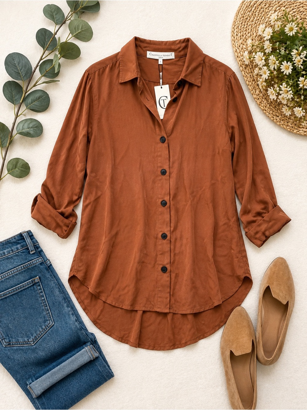 Chantelle Tungatt London Size 8 Rust Button Down Hi-Low Tunic Shirt NWT